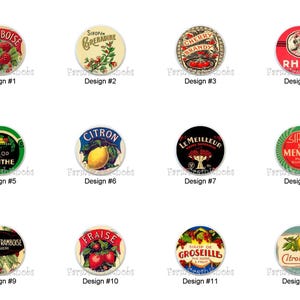 May include: A collection of twelve vintage-style round labels with various designs. The labels feature text and illustrations of fruits like strawberries, cherries, and lemons, along with the words "Framboise," "Grenadine," and "Citron."