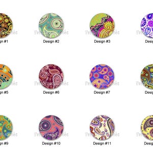 May include: A collection of twelve circular designs, each featuring a unique paisley pattern in various color combinations. The designs are numbered and labeled, showcasing a variety of styles and color palettes, from vibrant to more subdued tones.