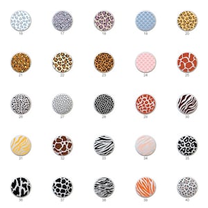 May include: Fifty-two different animal print designs in a circle shape. The designs include zebra, leopard, cheetah, giraffe, and other animal prints. The prints are in various colors, including black, white, brown, orange, pink, and blue.