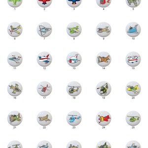 May include: Thirty round white ceramic tiles with colorful cartoon images of airplanes and helicopters. Each tile has a number from 1 to 30.