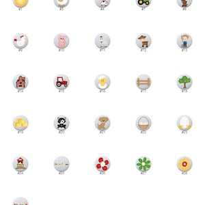 May include: A set of 29 farm-themed ceramic knobs with various images, including a sun, sheep, cow, tractor, chicken, pig, goat, farmer, barn, tractor, chick, fence, tree, hay bales, cat, dog, eggs, a house, a flower, and a banner.