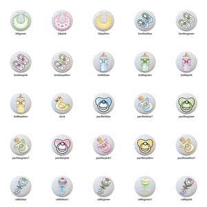 May include: A set of 48 ceramic knobs featuring various baby-themed illustrations, including babies, bibs, booties, bottles, pacifiers, rattles, and safety pins. The knobs are white with colorful illustrations.