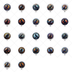May include: Twenty-two round, colorful, stained glass ornaments featuring a black raven perched on a branch. Each ornament has a different color scheme and design.