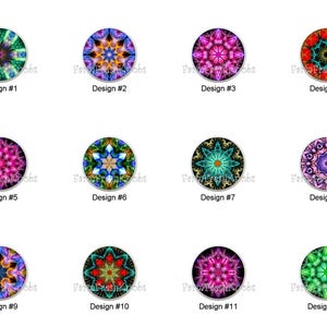 May include: A collection of twelve round decorative designs, each featuring a unique, colorful, symmetrical pattern. The designs include vibrant hues of green, blue, purple, red, and pink. Each design is labeled with a number from 1 to 12.