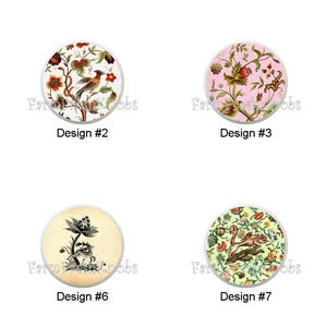May include: Eight round decorative designs with floral and bird patterns. Each design is labeled with a number from 1 to 8. The designs feature various color schemes, including green, red, orange, and pink, with intricate details.