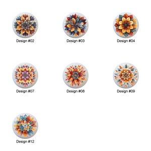 May include: Twelve different designs of round, colorful, floral mandala patterns. Each design features a unique combination of orange, yellow, red, blue, and green hues.