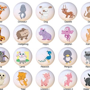 May include: A set of 20 colorful cartoon animal illustrations. Each animal is depicted in a circle with a white background. The animals include a deer, dinosaur, dog, gazelle, gerbil, giraffe, hedgehog, hippo, jellyfish, kangaroo, koala, lamb, peacock, penguin, raccoon, seal, tiger, unicorn, and water buffalo.