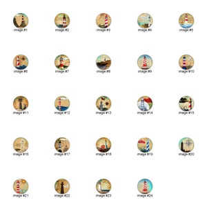 May include: Twenty-four round, colorful, vintage-style images of lighthouses with various backgrounds, including seashells, nautical maps, and ocean waves. Each image is framed with a brown, textured border.