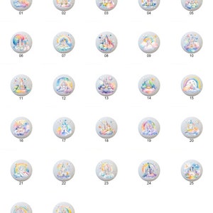 May include: A set of 27 watercolor illustrations of castles in the clouds. Each illustration features a different castle design with pastel colors and rainbow accents.