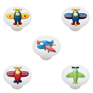 Set of 5 - Airplanes Aviation Kid's Room Decor Children Decorative Ceramic Dresser Drawer Pulls Cabinet Cupboard Knobs