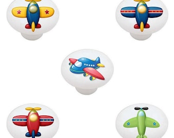 Set of 5 - Airplanes Aviation Kid's Room Decor Children Decorative Ceramic Dresser Drawer Pulls Cabinet Cupboard Knobs