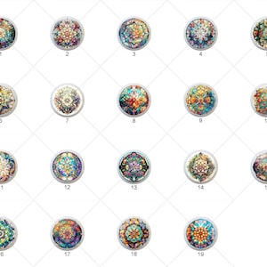 May include: Set of 19 round, colorful, decorative tiles with intricate mandala designs. Each tile features a unique pattern of flowers, leaves, and geometric shapes in shades of blue, green, red, yellow, and purple.