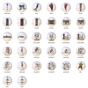 May include: A set of 24 round ornaments with various winter-themed illustrations, including snowmen, houses, birds, hearts, and trees. The ornaments are painted in a whimsical style with bright colors and white backgrounds.