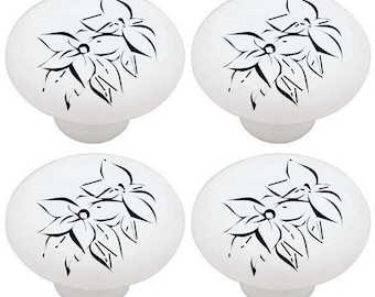 Set of 4 - Black & White Floral Flowers Decorative Glossy Ceramic Drawer Pulls Dresser Knobs