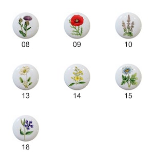 May include: Set of 11 ceramic knobs with floral designs. Each knob features a different flower, including a pink rose, a purple thistle, a red poppy, a lavender flower, a blue flower, a white daisy, a yellow flower, a blue daisy, a pink flower, a purple flower, and a white flower.