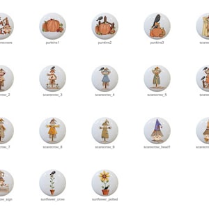 May include: A collection of white ceramic cabinet knobs featuring fall-themed designs. The knobs showcase scarecrows, pumpkins, and sunflowers. Some knobs have text, including "Fall Scarecrows" and "Autumn Blessings."