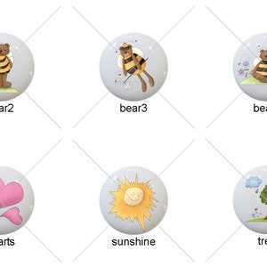 May include: Set of 8 ceramic knobs with various designs, including a beehive, hearts, sunshine, a tree, and bears with honey. The knobs are painted in a light blue background with white accents.