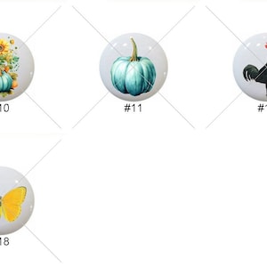 May include: Set of 10 ceramic knobs with various farmhouse-themed designs, including a truck with pumpkins, sunflowers, a blue pumpkin, a rooster, a pig, a cow, and a butterfly.