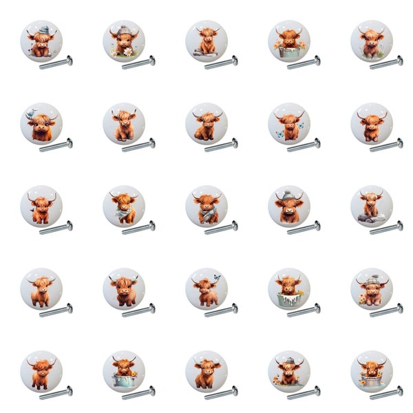 Baby Highland Cows Collection by ia Images on 1.5" DECORATIVE Glossy Ceramic Dresser Drawer PULLS Cabinet Cupboard KNOBS