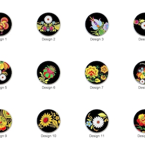 May include: A collection of twelve circular designs with floral and animal motifs on a black background. Each design is labeled with the word "Design" followed by a number. The designs feature vibrant colors like red, yellow, and green.