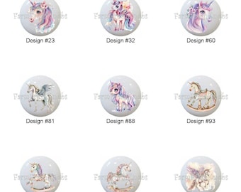Boho Cuties by WondersArtist Unicorn Pegasus Rocking Horse Images on 1.5" White Decorative Glossy CERAMIC Cabinet PULLS Dresser Drawer KNOBS