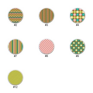 May include: Twelve different patterned circles in various colors, including yellow, green, brown, pink, and teal. Each circle has a different pattern, such as polka dots, stripes, zigzags, and floral designs.