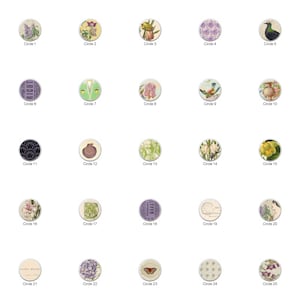 May include: A set of 30 round ceramic knobs with various designs, including flowers, birds, butterflies, and geometric patterns. The knobs are white with a glossy finish.