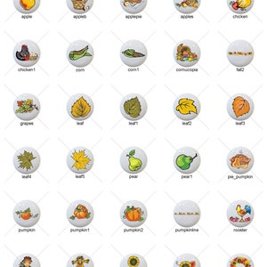 May include: Set of 30 round ceramic tiles with various autumn-themed illustrations, including apples, corn, pumpkins, leaves, and a scarecrow. Each tile features a white background and a colorful image.