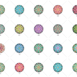 May include: Twenty colorful round stickers with intricate mandala designs. Each sticker features a different color combination and pattern.