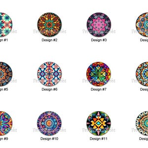 May include: A collection of twelve circular designs, each featuring a unique, colorful, and intricate mandala pattern. The designs include various color palettes, from vibrant blues and oranges to softer pinks and greens. Each design is labeled with a number.