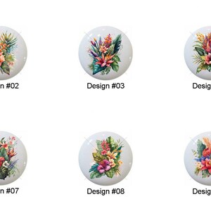 May include: A collection of ten white ceramic cabinet knobs, each featuring a unique watercolor floral design. The knobs are round with a glossy finish, and each is labeled with a design number from #01 to #10.