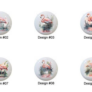 May include: A collection of ten white ceramic cabinet knobs, each featuring a different watercolor design of a flamingo in a natural setting. Each knob is labeled with a design number from #01 to #10.