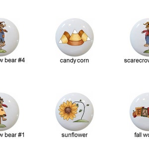 May include: Set of 10 ceramic knobs featuring fall-themed designs, including a crow, scarecrows, candy corn, and word art. The knobs are white with colorful painted designs.