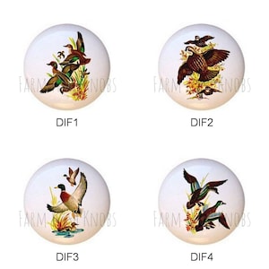 May include: Four ceramic knobs with different images of birds. The first knob features a group of ducks in flight. The second knob features a group of quail in flight. The third knob features a single duck in flight. The fourth knob features two ducks in flight.