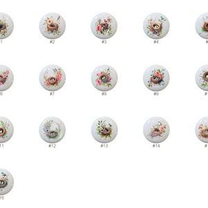 May include: Sixteen ceramic knobs with a bird's nest design. Each knob features a different arrangement of flowers, birds, and eggs in a nest.
