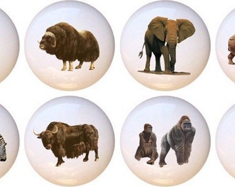 Set of 8 - African Wildlife Safari Animals Decorative Glossy Ceramic Drawer Pulls Cabinet Knobs