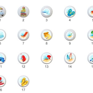 May include: A set of 17 round, white, ceramic tiles with colorful images of travel and vacation themes. The tiles are numbered 1 through 17.