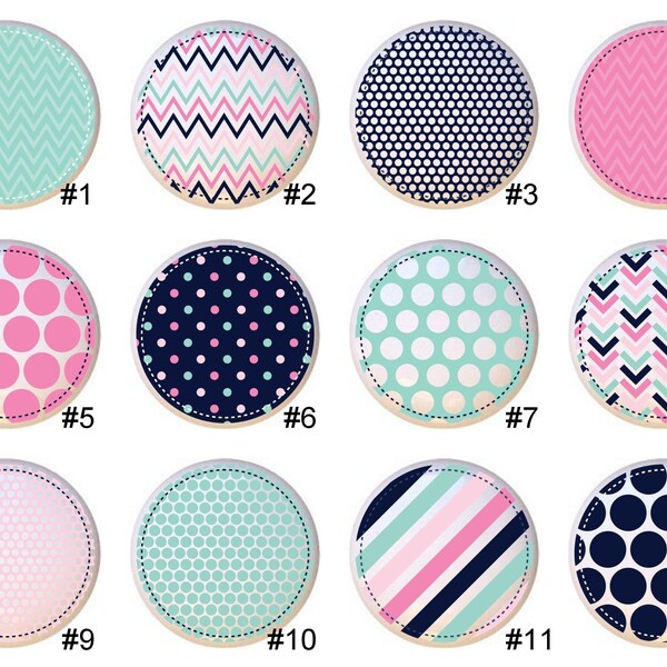 Pink and Blue Circles Blue Navy Pink Stripes Polka Dots Chevron DECORATIVE Glossy Finish Ceramic Dresser Drawer PULLS Cabinet Cupboard KNOBS