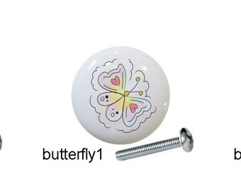 Spring Flower Ceramic Drawer Pulls: Dragonfly, Butterfly, Heart (1.5 inch)