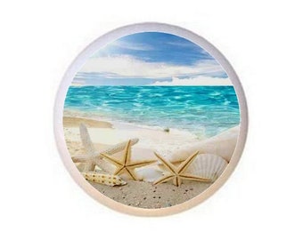 Seashell Beach Scene Ceramic Drawer Pulls: Coastal Cabinet Knobs
