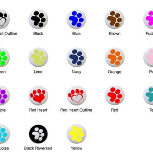May include: A set of 16 ceramic tile designs featuring paw prints in various colors, including black, blue, brown, fuchsia, green, lime, navy, orange, pink, purple, red, teal, turquoise, yellow, and a black paw print with a white outline. Some designs also include a red heart or a red heart outline.