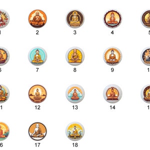 May include: A set of 18 ceramic tiles featuring different illustrations of Buddha in various poses and colors. Each tile is circular and has a white background with a gold border.