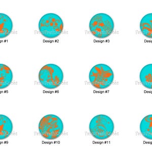 May include: A collection of twelve decorative knobs with various orange floral designs on a turquoise background. Each knob is labeled with a design number from 1 to 12. The text "Farm Fresh Knobs" is visible.