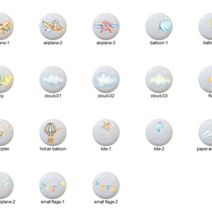 May include: A set of 18 ceramic tiles featuring various illustrations of airplanes, balloons, clouds, kites, and flags. The tiles are all white with a light blue background and are perfect for decorating a nursery or child's room.