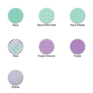 May include: Ten different fabric swatches in various patterns and colors. The swatches are arranged in three rows. The top row features aqua chevron, solid aqua, aqua polka dots, aqua stripes, and colorful polka dots. The middle row features light purple, plaid, purple chevron, solid purple, and purple polka dots. The bottom row features purple quatrefoil and stripes.