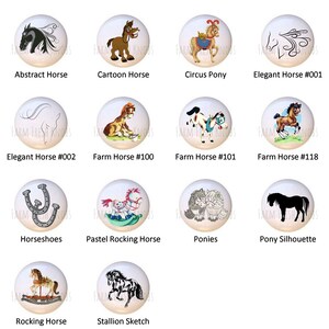 May include: A collection of 12 different horse-themed illustrations, each in a circle with a white background. The illustrations include a cartoon horse, a circus pony, a rocking horse, a stallion sketch, and more.