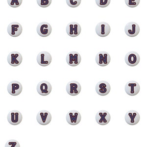 May include: White round buttons with blue letters stitched in red thread. The letters are A through Z.