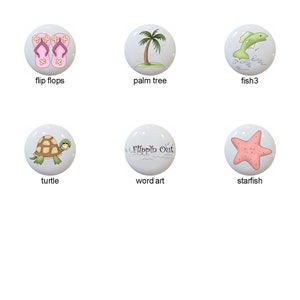 May include: Set of 10 ceramic knobs featuring various beach-themed designs, including fish, flip flops, a palm tree, a starfish, a whale, a turtle, a sign, a ball, and word art.