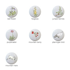 May include: Set of 12 ceramic knobs featuring illustrations of alpine flora and fauna, including a goat, a mountain hare, a ptarmigan bird, a St. Bernard dog, a purple aster, a glacier crowfoot, a mountain berry, a juniper berry, a foxglove, a bell flower, an alpine fern, and an alpine rose.