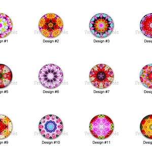 May include: A collection of twelve round decorative designs, each featuring a unique floral or geometric pattern in vibrant colors. Each design is labeled with a number from 1 to 12. The designs are set against a white background.